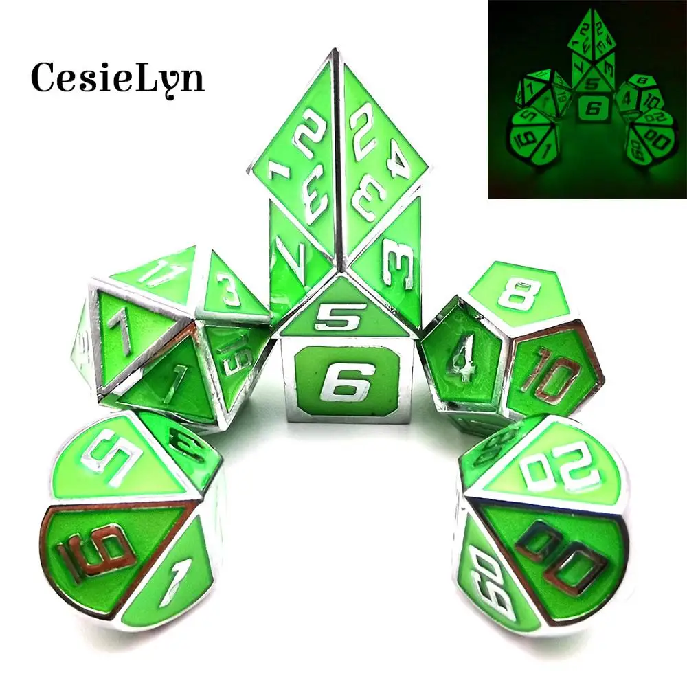 CesieLyn Ночная светящаяся металлическая игра в кости набор DnD 7 шт. RPG Dice MTG D & D4 D6 D8 D10 D12