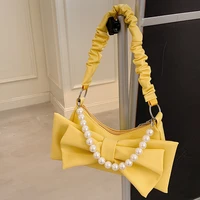 bowknot single shoulder bag for female 2021 new fashion casual simple pearl shoulder messenger bag yellow solid color armpit bag
