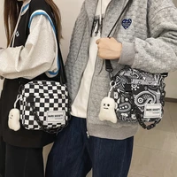 small square canvas bag solid color shoulder bag checkerboard lattice messenger bag cool chain ladies handbag mobile phone bag