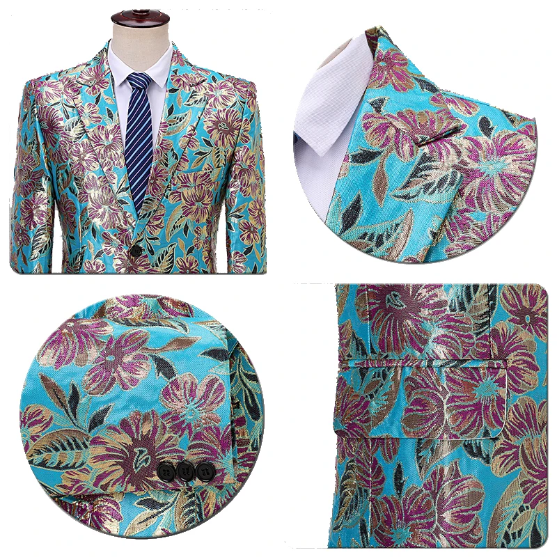 Shenrun Men's Blazers Fashion Black Blue Floral Pattern Casual Suit Jacket Party Prom Singers Host Drummer Costume Slim Blazer | Мужская