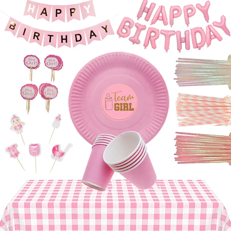 

Pink girl theme party supplies disposable tableware set stickers balloon gender reveal baby shower birthday cake cute decoration