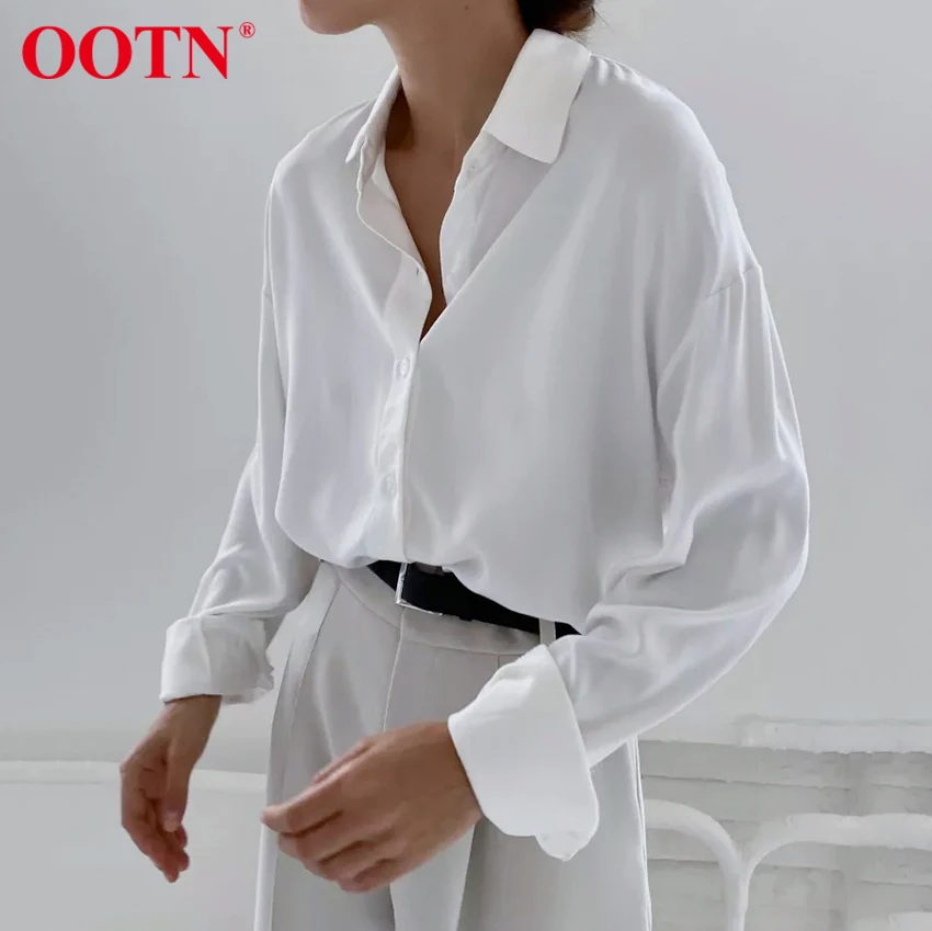 

OOTN Повседневная белая женская блузка с отворотом, однобортный Топ Bf, Женская однотонная Свободная блуза с длинным рукавом, рубашка для офис...