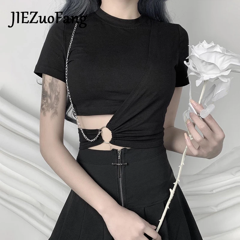 JIEZuoFang Готический тренд футболки для женщин 2020 Новые Летние черные с коротким