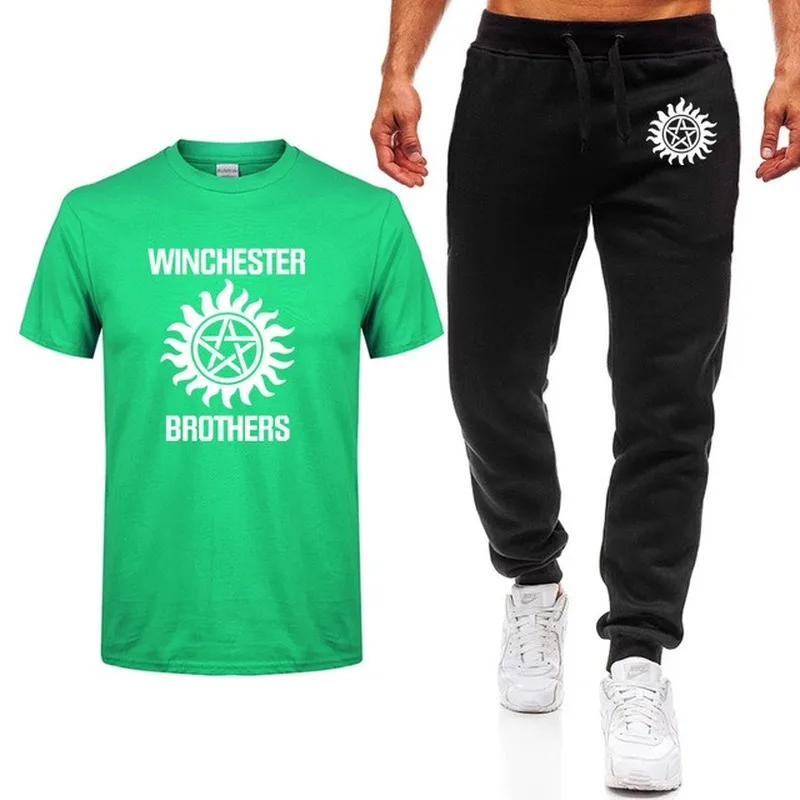 

2020NEW Tshirt men Summer winchester brothers Print Fashion Casual Cotton Short Sleeve high quality Men T shirt+pants suit