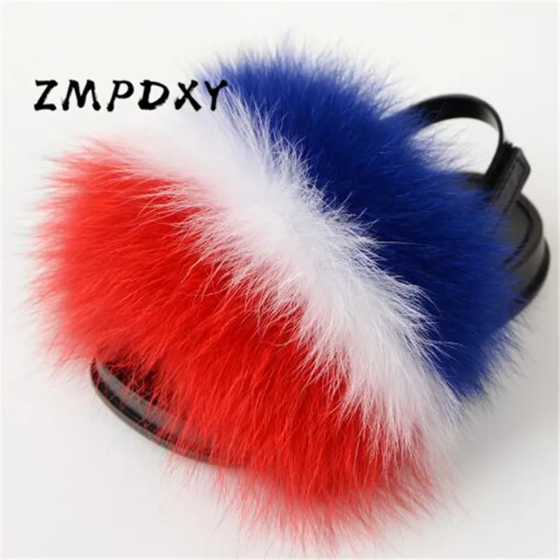 

Baby Fox Fur Slides Girl's Fluffy Raccoon Fur Slippers Children's Rainbow Plush Shoes Kids Non-slip Furry Fur Flip Flops 24-38