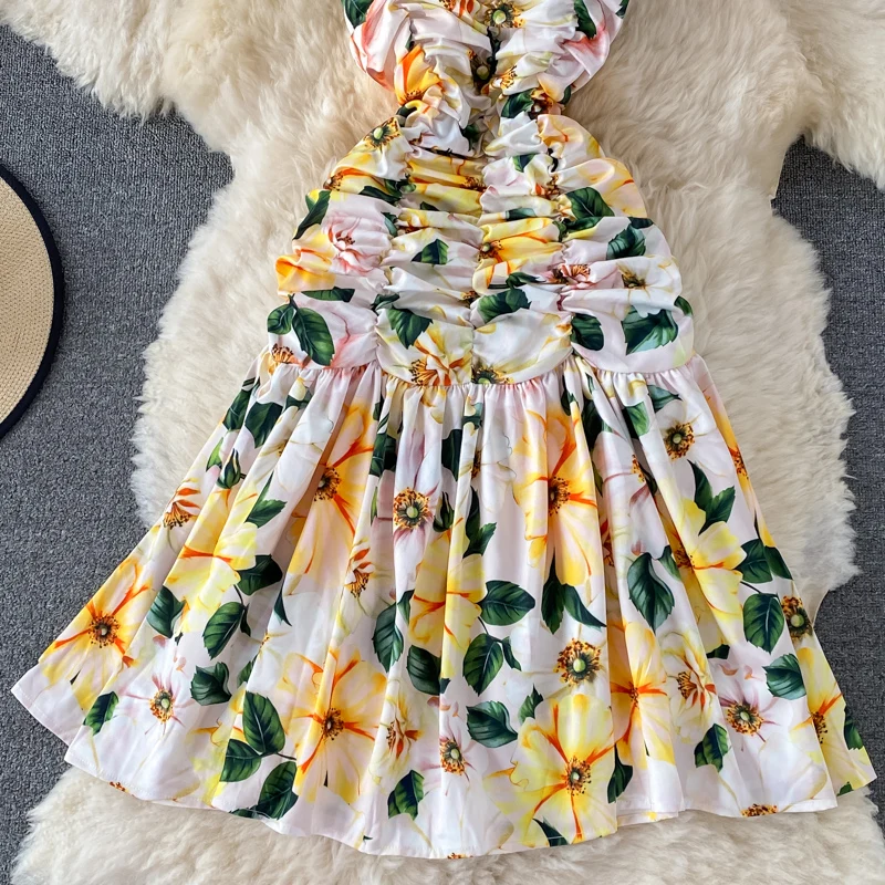 

2021 Summer French Retro Dress Women Flower Print Pleated Ruffle Midi Dresses Vestidos Mujer Woman Elegant Evening Party Dress