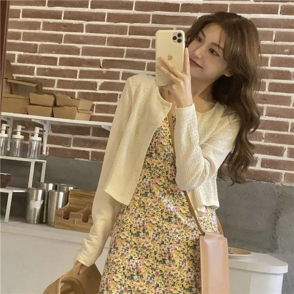 

Floral suspender dress + cardigan 2021 new style slim two piece women's summer fashion skirt suit