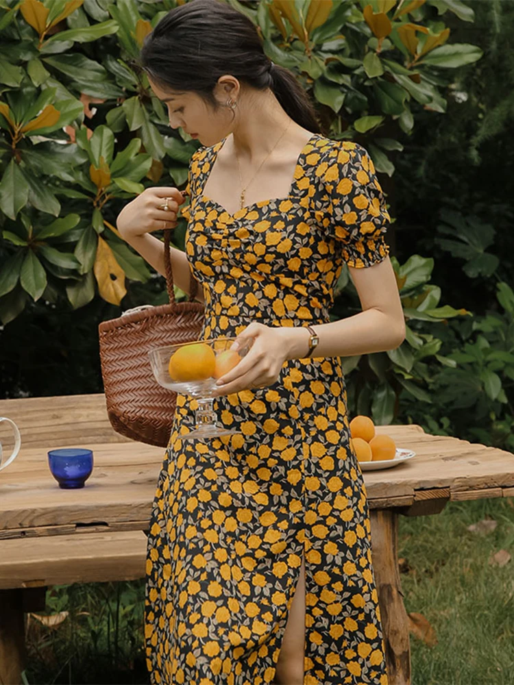 

French Vintage Square Collar Retro Yellow Floral Female Dresses High Split Hepburn Puff Sleeve Woman 50s60s Design Chiffon Dress