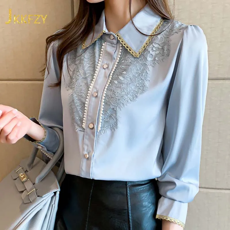 

Summer Luxury Beaded Women Blouses Elegant Light Blue Satin with Lace Polo Collar Lantern Sleeve Slim Office Shirt Lady