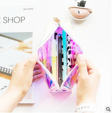 

Girls school supplies korean stationary back to school kawaii bag laser transparent pencil case gradient color cute pencil bag