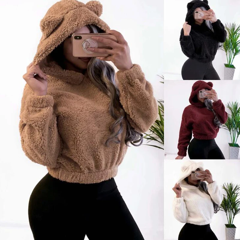 

Sexy Fashion Casual Plush Short Hooded Winter Top New Style Long Sleeve Sweater Women 2019 Autumn Women's Clothing