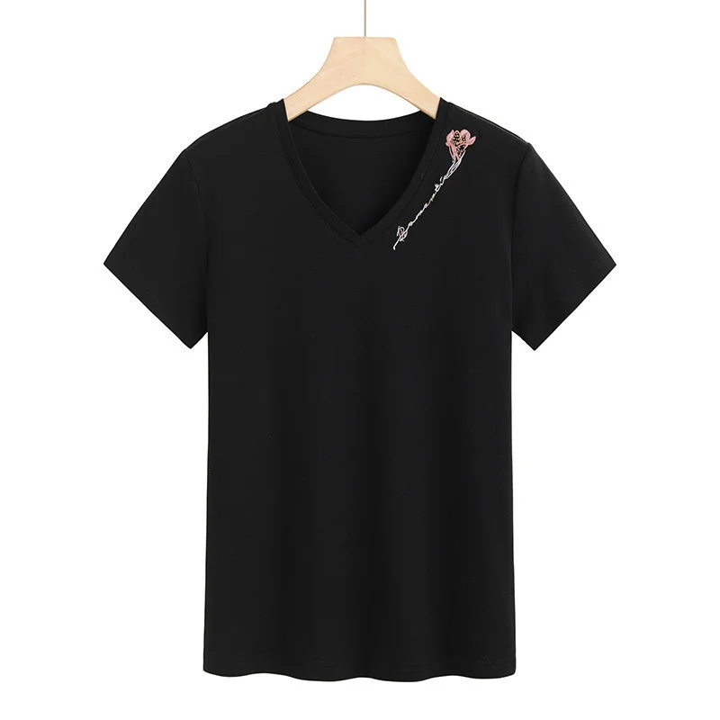 

2021 spring and summer new short sleeve T-shirt women's Mercerized Cotton 80 thread Korean V-neck Embroidered Beaded bottom