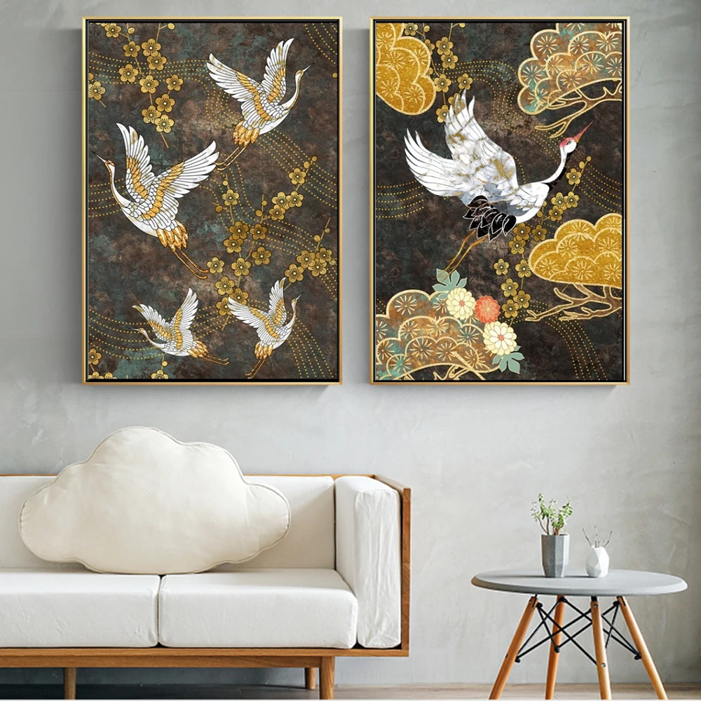 Холст с изображением журавля и золотых цветов, абстрактные декоративные постеры с животными, настенные картины для эстетичного украшения к...
