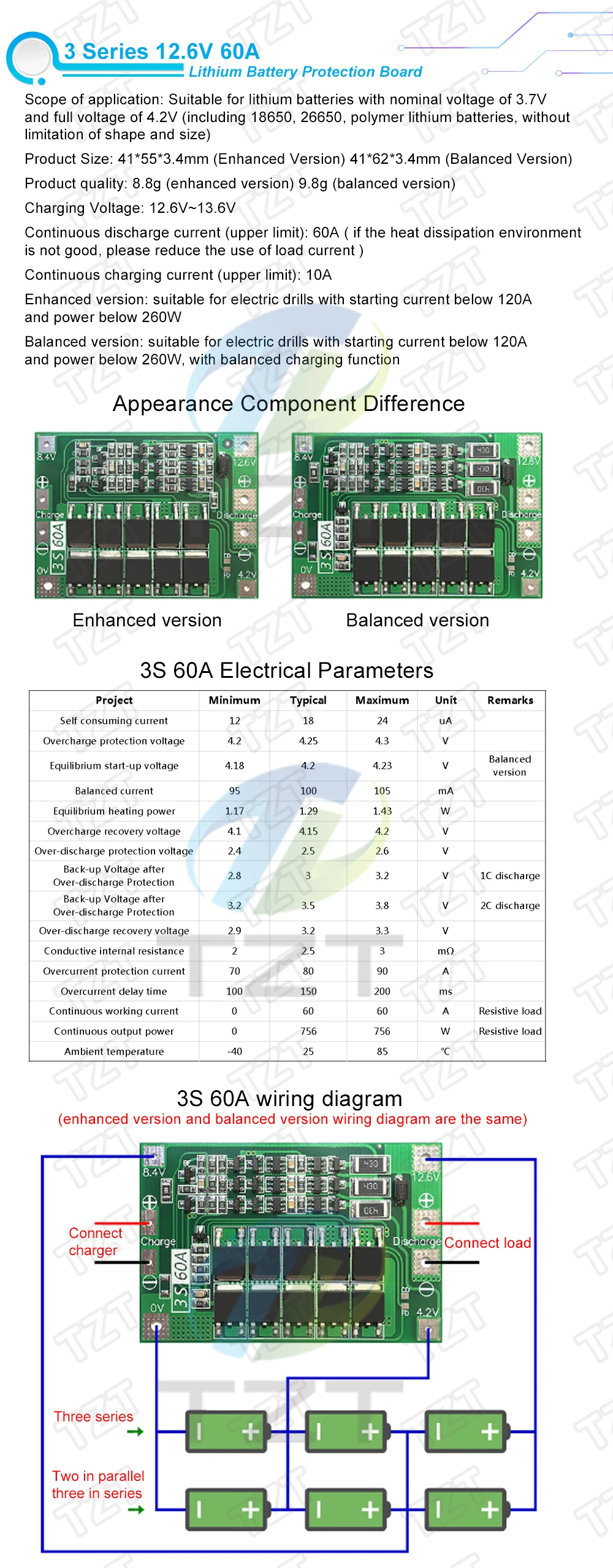 3 S/4S 40A 60A литий-ионный аккумулятор Защитная плата 18650 BMS для электродвигателя 11,1 V 12,6 V/14,8 V 16,8 V