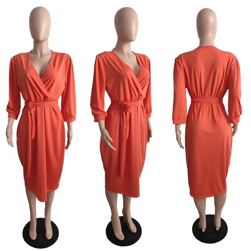 

4XL 5XL Plus Size Dresses For Women Clothing Orange Solid High Waist v Neck Mid Calf Elegant Evening Night Club Vestidos Dress