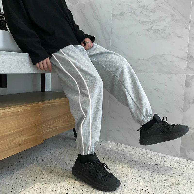 

Casual Pants Reflective Stripes Loose All-match Adjustable Elastic Waist Korean Style Chic Fashion Autumn Male Ankle-length