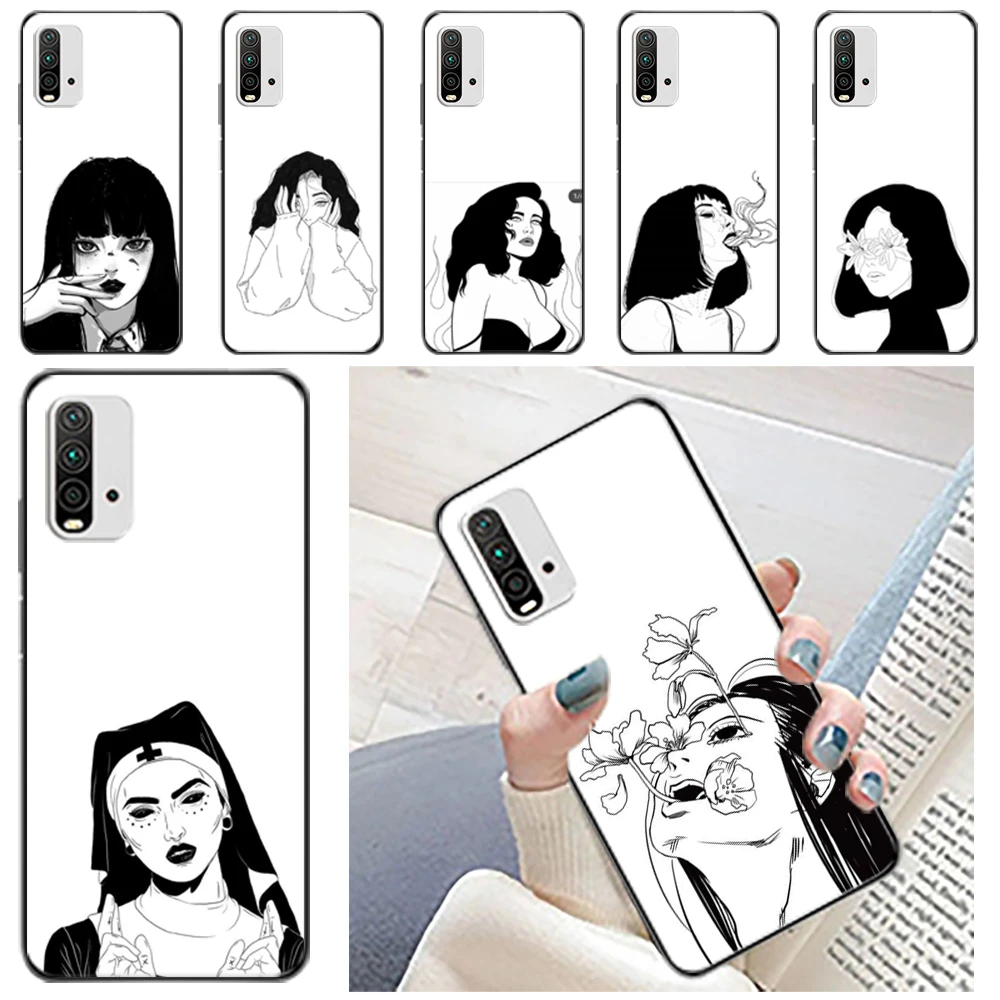 

Illustration Black Girl White Phone Case For Xiaomi Redmi Note 9 9T 9S Pro MAX 5G 10X 10 10T 10S 4G Simple Style Funda Carcasa