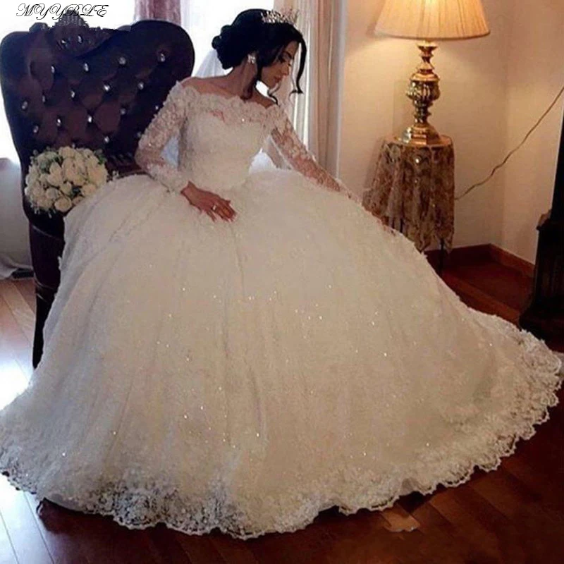 

2021 Long Sleeve Lace Wedding Dresses Ball Gown Tulle Plus Size Off Shoulder Bride Bridal Weding Weeding Dresses Wedding Gowns