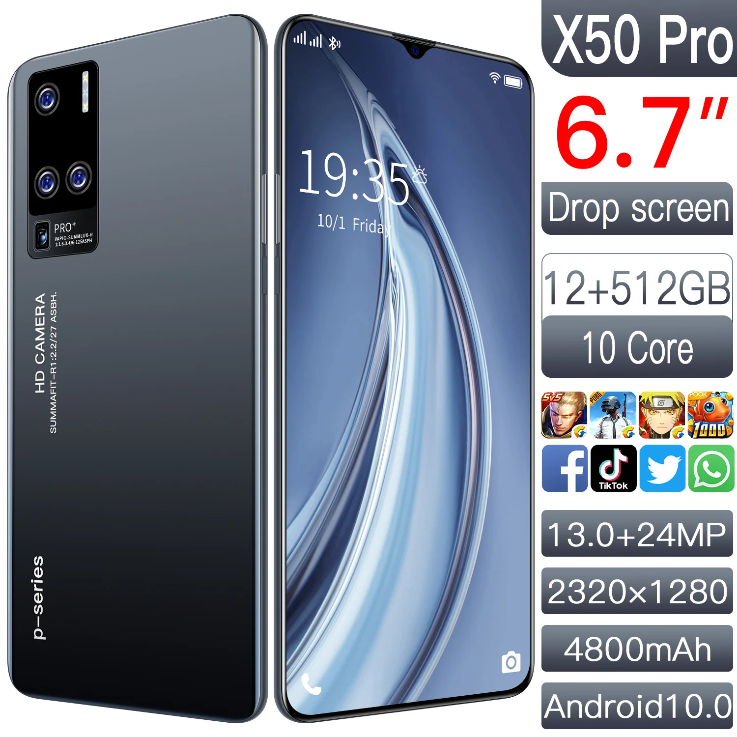 

Galxy X50 Pro 12GB+512GB 6.7inch 13MP+24MP 4800mAh Battery Global Version Smartphones 10 Core Telephone Face ID Android 10.0 5G