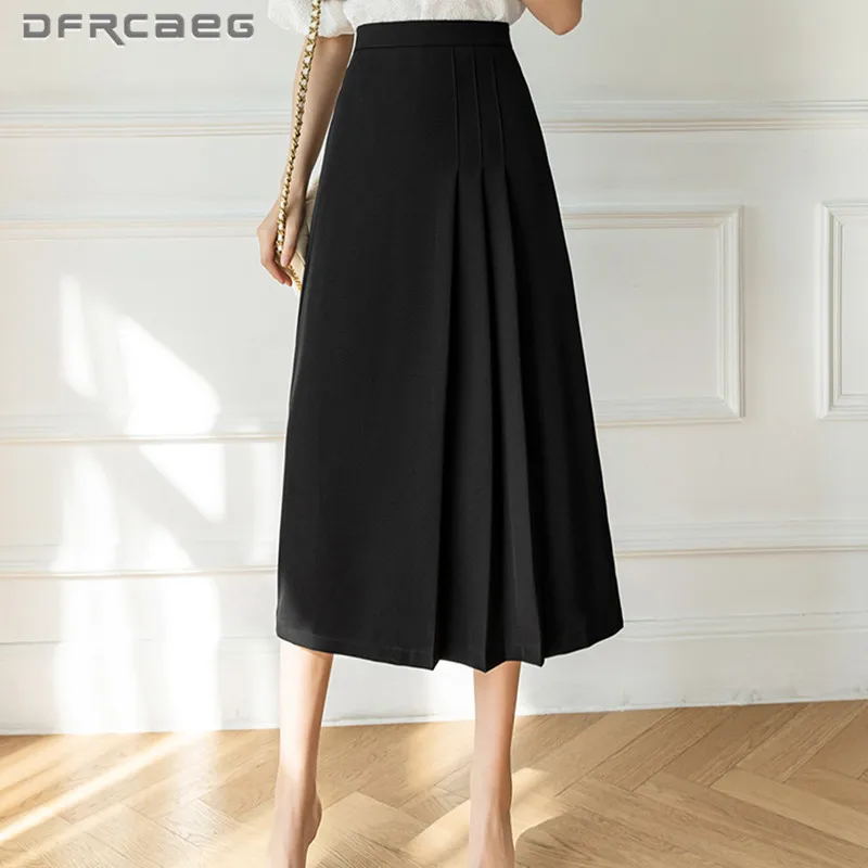 Korean Style Elegant Woman Pleated Skirts Summer 2022 High Waist Khaki Office OL A-line Skirt Long Female