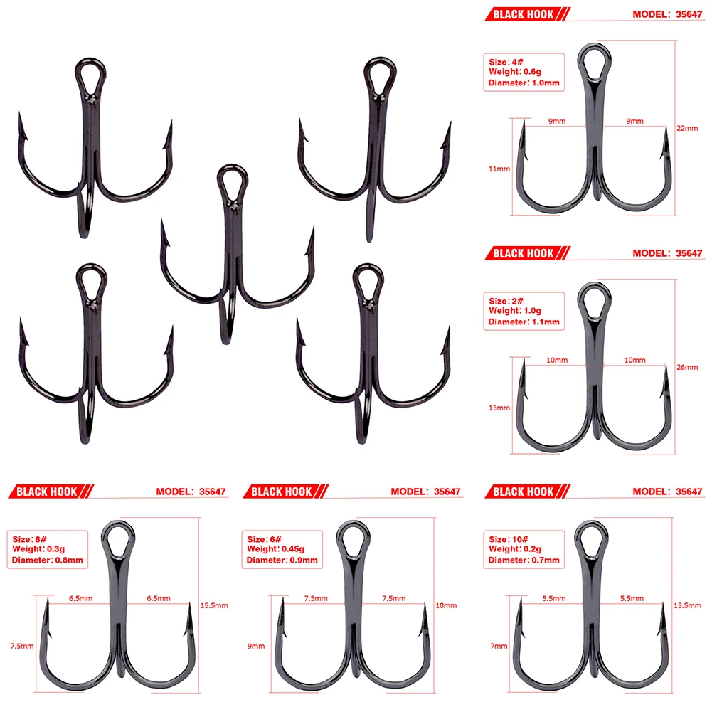 

50pcs/Pack Stainless Steel Fishing Treble Hook Black Sharp Triple Hooks Wear-resistant Anti-corrosion Anti-rust