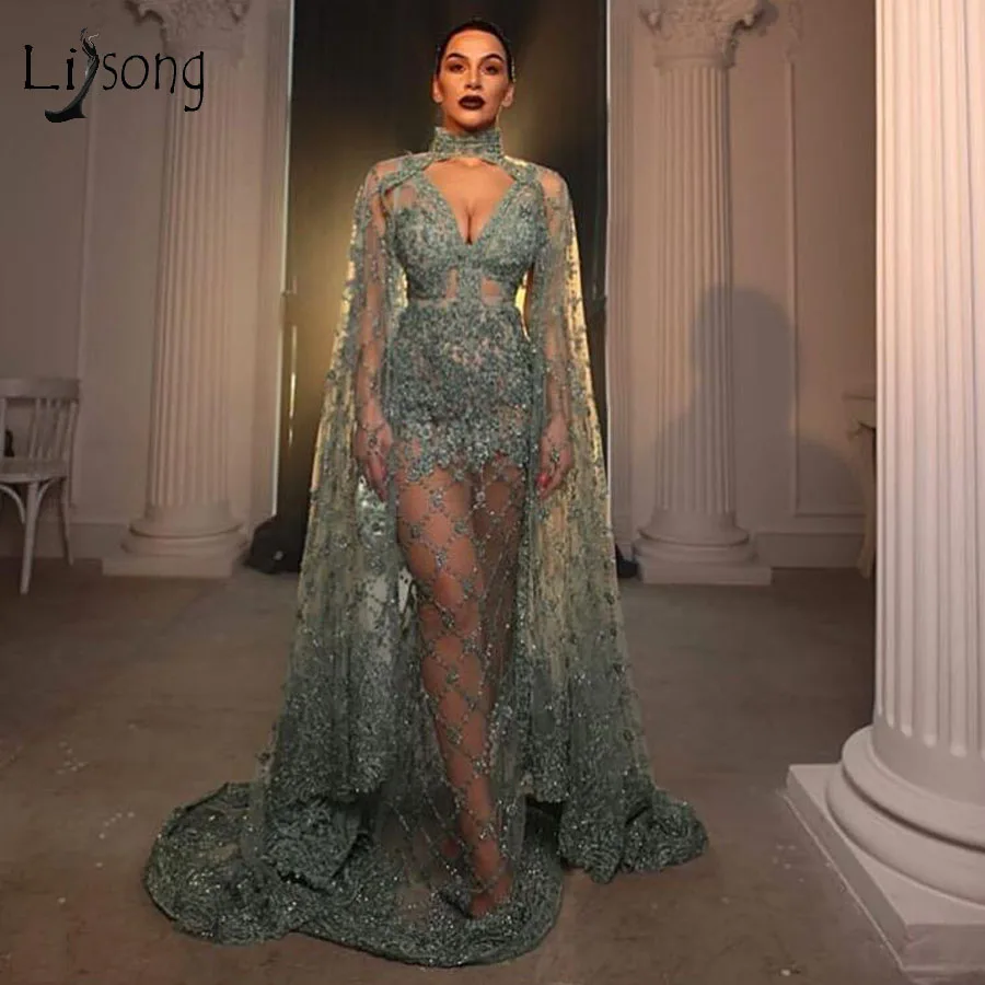 

Dubai Luxury Green Lace Beaded Mermaid Evening Dresses 2020 Sexy See Thru Long Prom Gowns With Cloak Abendkleider