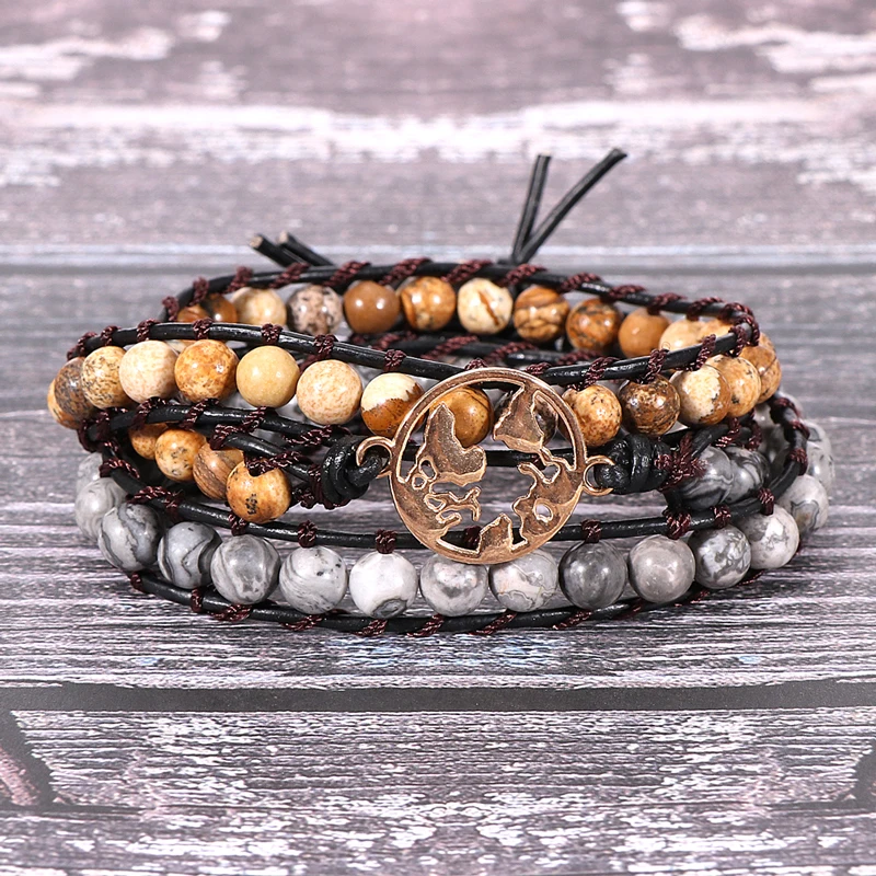 Мужские и женские браслеты с натуральным изображением карты камень бисер Карта