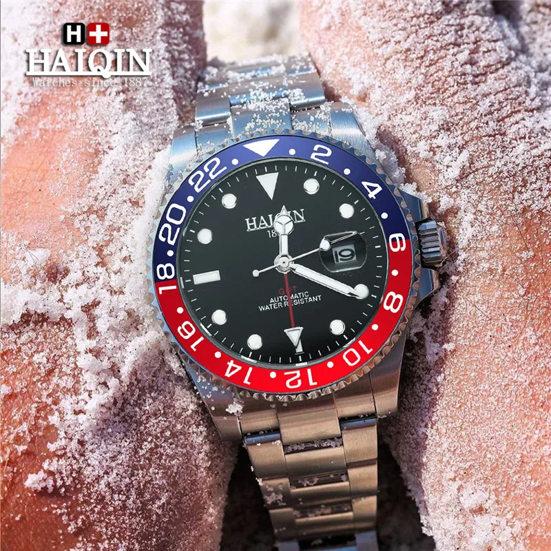 HAIQIN новые GMT механические мужские часы Лидирующий бренд Роскошные