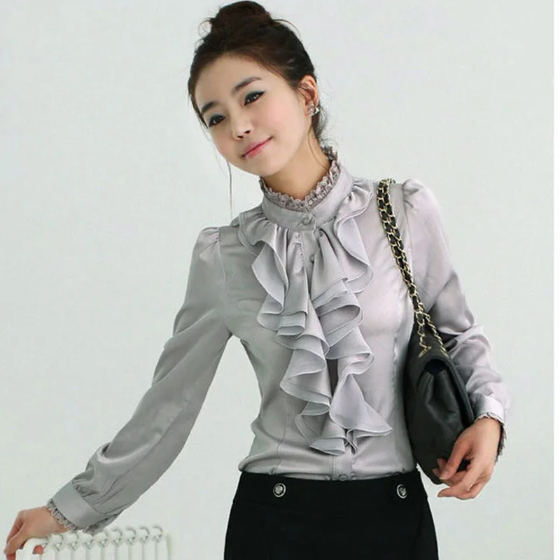 Блузка женская с воланом и воротником-стойкой роскошная шелковая рубашка под