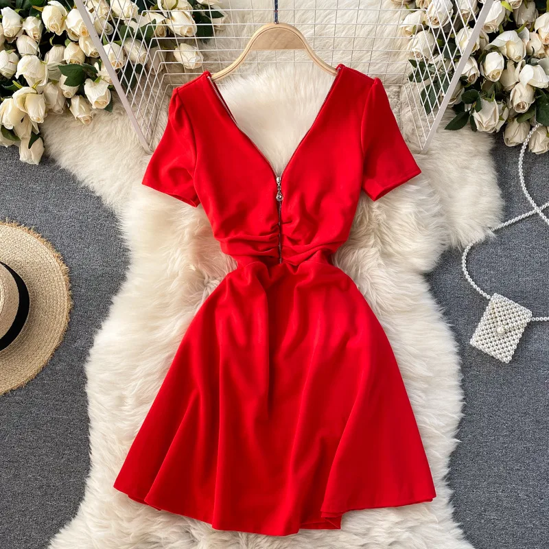 

Fashion Ladies 2021 New Spring Summer Chic Dress Short Sleeve V Neck High Waist Solid Backless Female Mini Dress