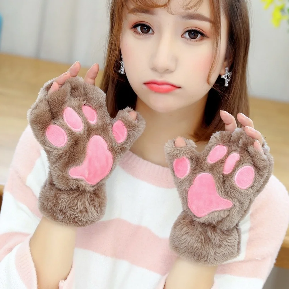 

Women Bear Plush Fingerless Warm Bear Paw Cat Claw Gloves Cute Wind Plush Half Finger Gloves Christmas Halloween for Womens Girl