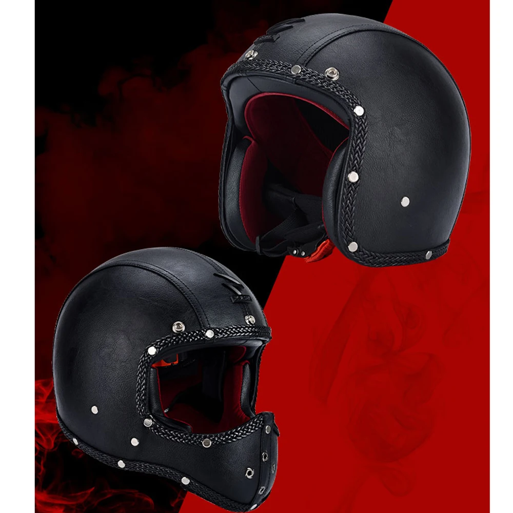 

Vintage PU Leather Motorcycle Helmet Full Face Motorbike Scooter Motocross Crash Full Face Helmets Casco Moto Casque Black White