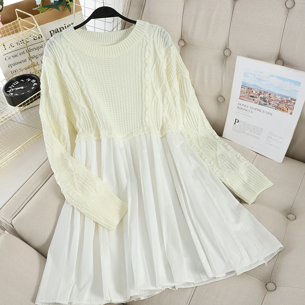SINGRAIN Large Size Women Knitted Dress Winter Casual A-Line Warm Thick College Style Dresses Long Sleeves Korean Pleated |