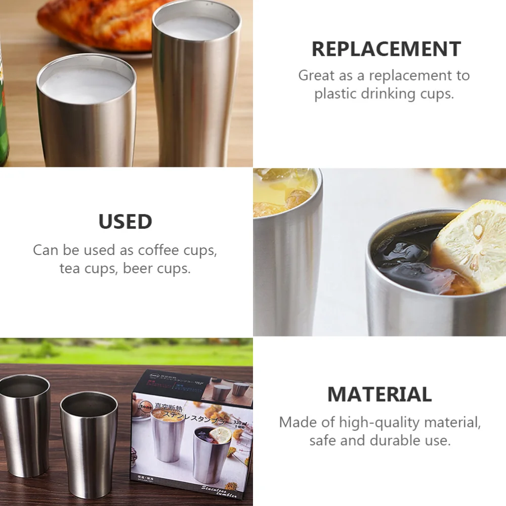 

2pcs Stainless Steel Cups Double Layer Coffee Cups Camping Vacuum Water Cups
