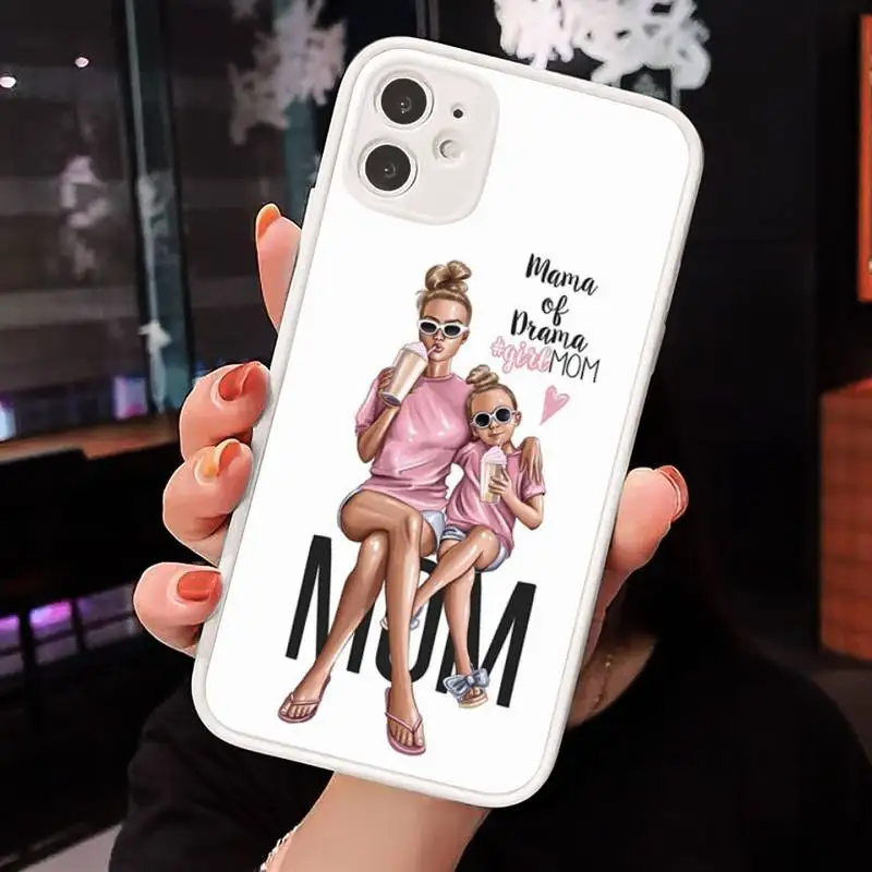 

Baby Mom Girls love pink cartoon Phone Case Matte transparent For White iPhone 12 Mini 11 Pro XR XS Max 7 8 Plus X Back Cover