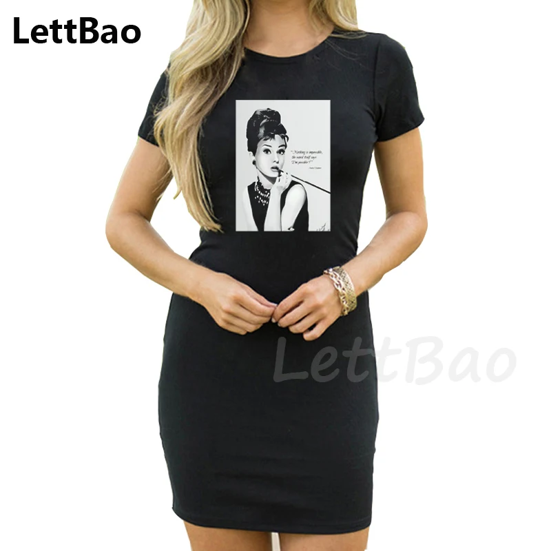 

audrey hepburn Aesthetic Print Summer Dress T-shirt Dress Fashion Vintage Woman Dress Short Sleeve Polyester Tshirt Dress Female