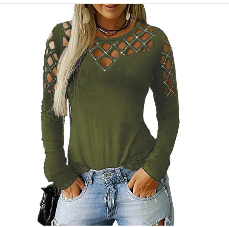 

Hot Fashion T-Shirt Sexy Women Casual Long Sleeve O-Neck top women Club Hollowed Out Tops T-shirt tee shirt femme plus size