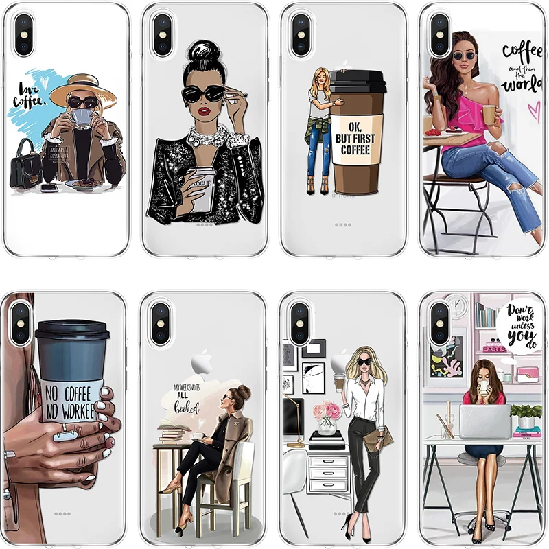 Модный черный коричневый Чехол для девочки с волосами босс кофе королева iPhone XR X XS