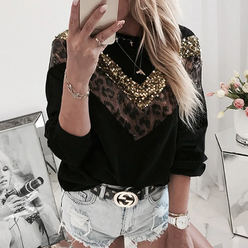 Women Sequins Lips Print Fashionable Sweatshirt Autumn Leopard Long Sleeve Beading Hoodie Lady O-neck Kawaii Sweatshirt Hoodies