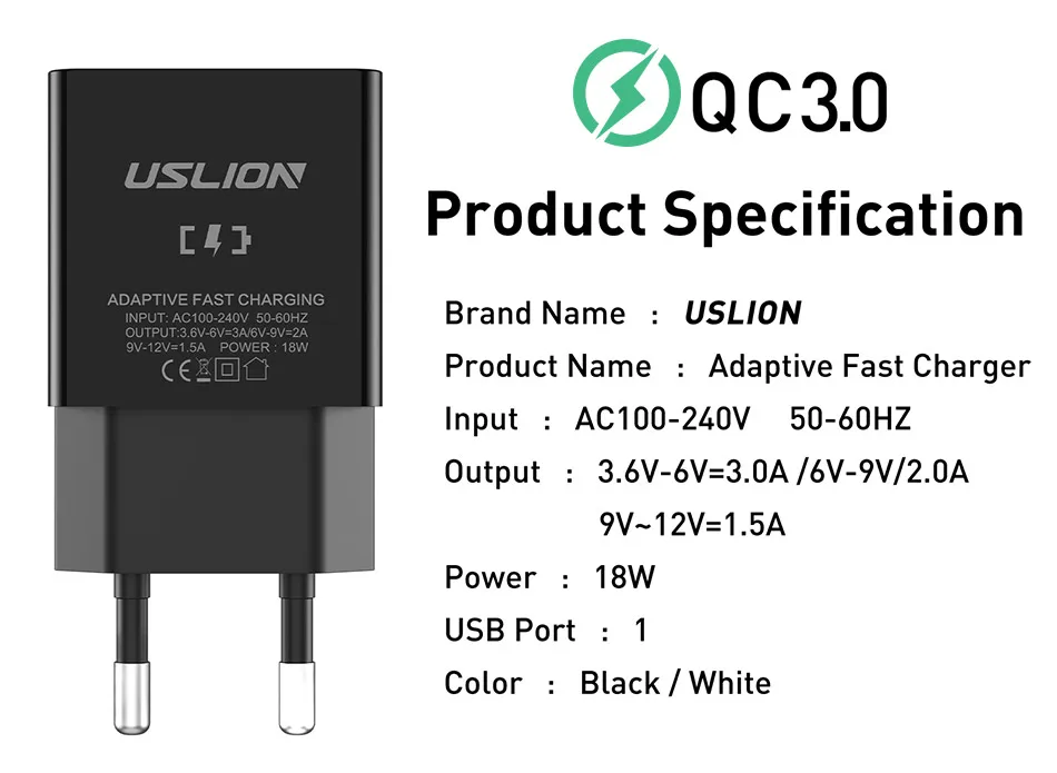 USLION 18 Вт Быстрая зарядка 3,0 быстрое зарядное устройство для мобильного телефона ЕС вилка настенное USB зарядное устройство адаптер для iPhone X 7 XR samsung Xiaomi huawei