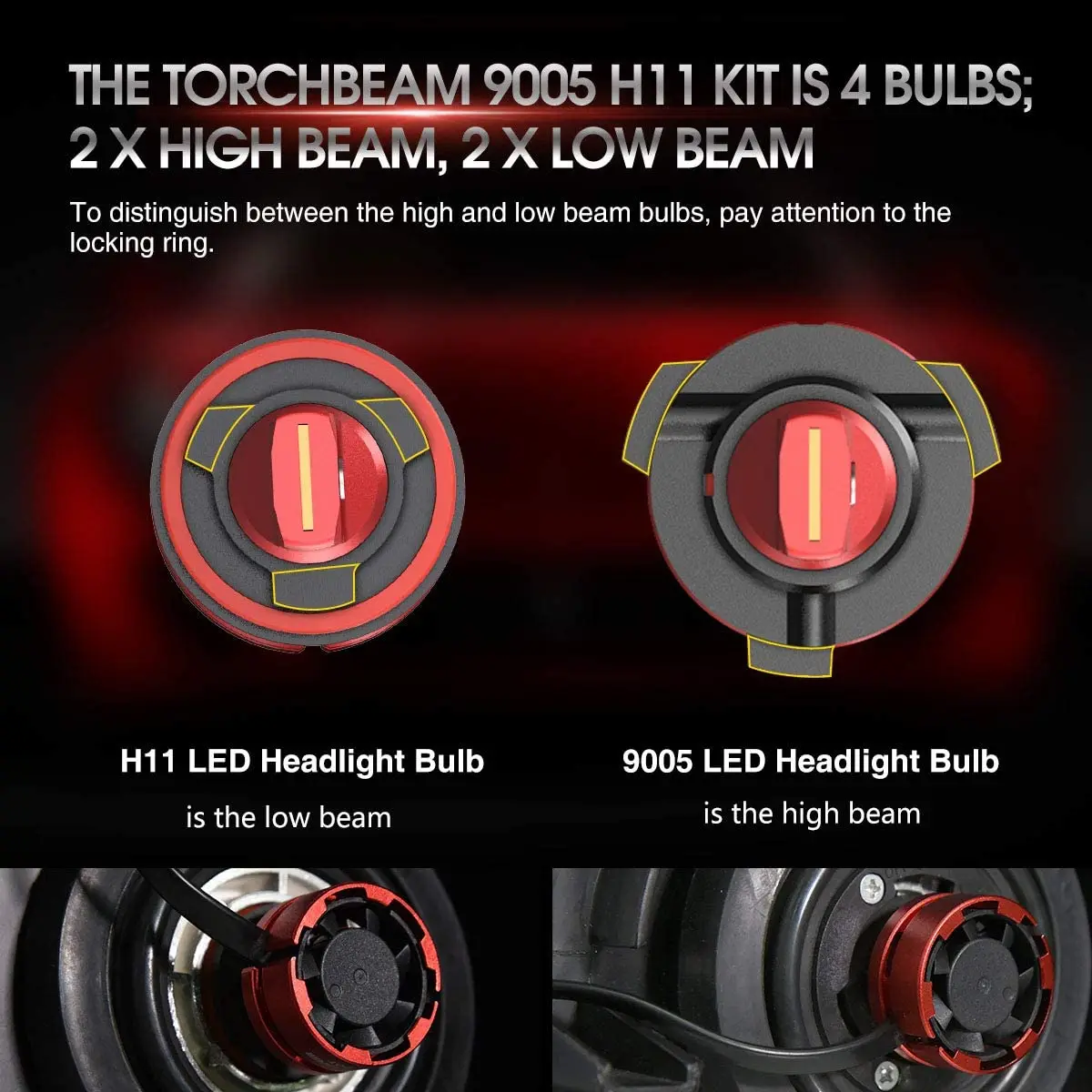 

Torchbeam 4pcs 9005 and H11 LED Headlight Bulb Kit High Beam Low Beam 6500K Cool White 200% Brightness Compact Replacement Bulbs