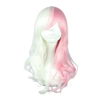 game danganronpa monomi women long curly wig cosplay costume dangan ronpa white pink mix synthetic hair halloween party wigs