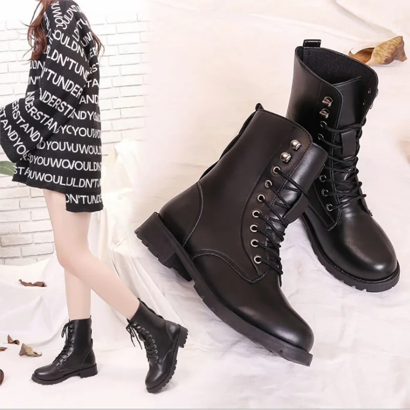 

Vogue Chunky Motorcycle Boots Women Autumn Round Toe Lace-up Black Boots Shoes Street Outdoor Style Girls High Tube Boots