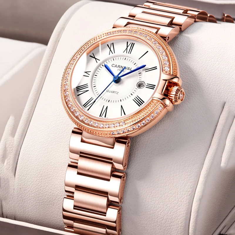 CARNIVAL Fashion Luxury Crystal Women Watches Quartz Ladies Wrist Watch Rose Gold Steel Strap Waterproof Clock Relogio Masculino