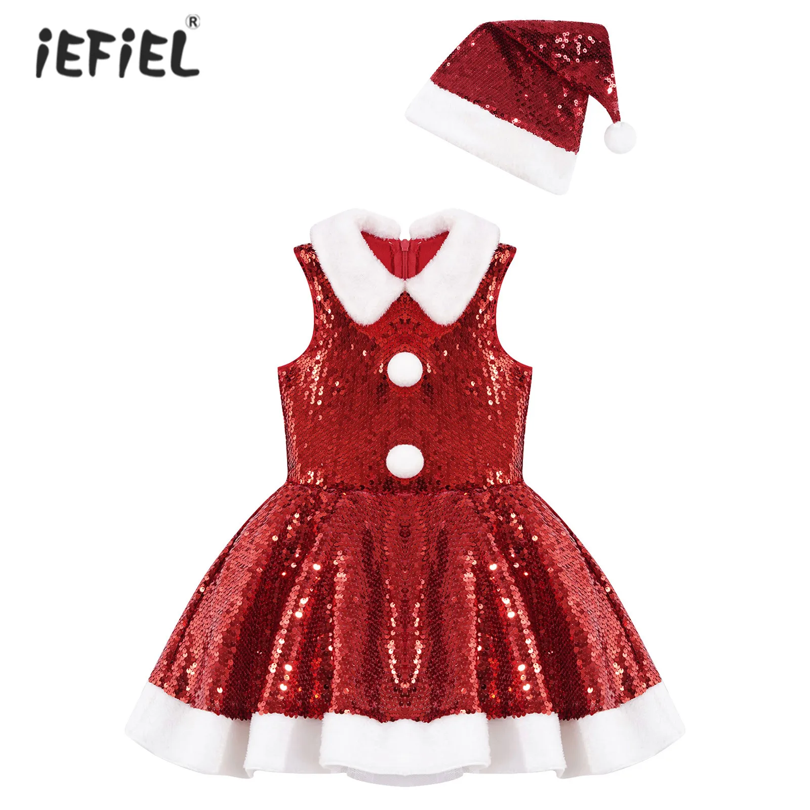 

Kids Girl Christmas Holiday Carnival Costume Sleeveless Sequins Dress with Hat Set Theme Party Dance Performance Cosplay Outfits