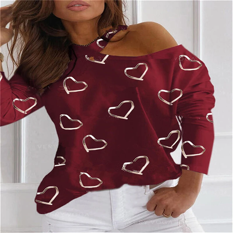 

Sexy Women One Shoulder Pullover Female Knit Blouse Women Long Sleeve Hollow Out Blouse Love Heart Print One Shoulder Pullover