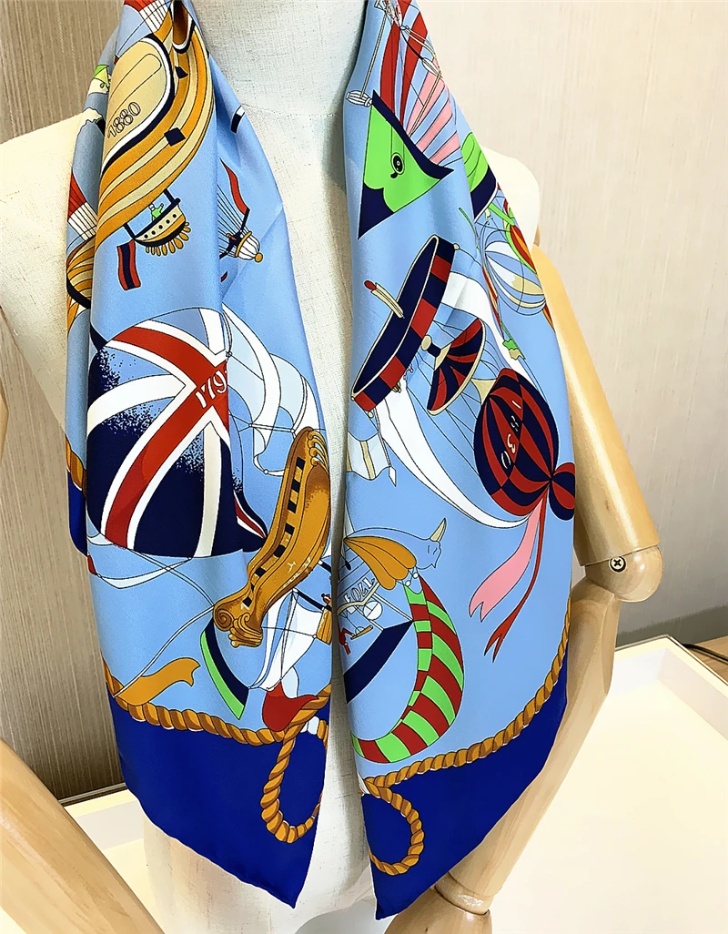 

90cm Hydrogen Balloon Foulard Twill Silk Scarf Women Square Shawl Brand Hijab Scarf Bandana Cartoon balloon Curled Head Scarf