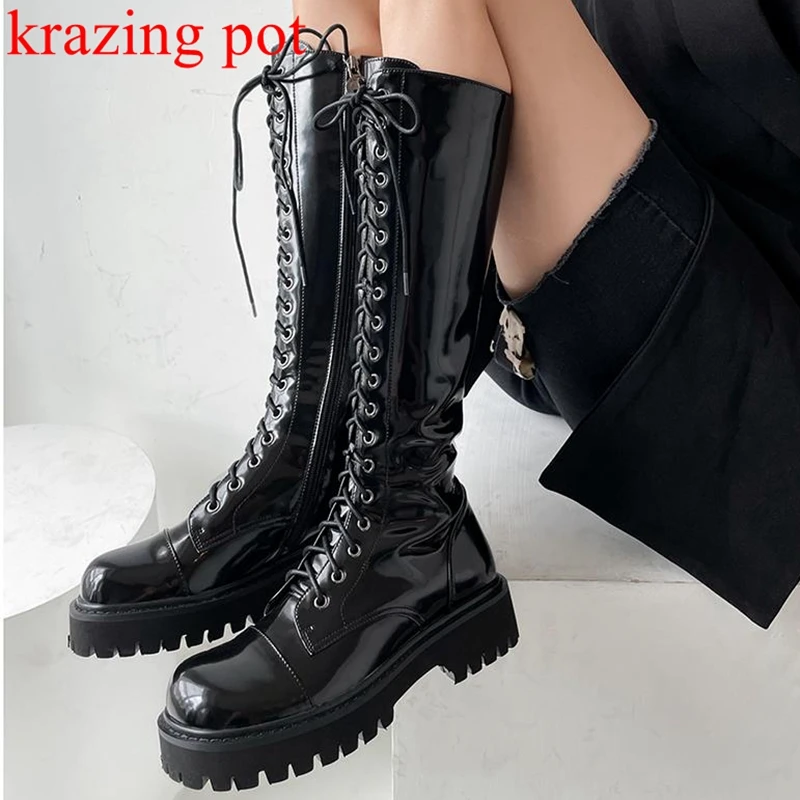 

Сапоги Krazing Pot из коровьей кожи, сапоги для верховой езды, с квадратным носком, заклепками и перекрестной шнуровкой, в стиле принцессы, римски...
