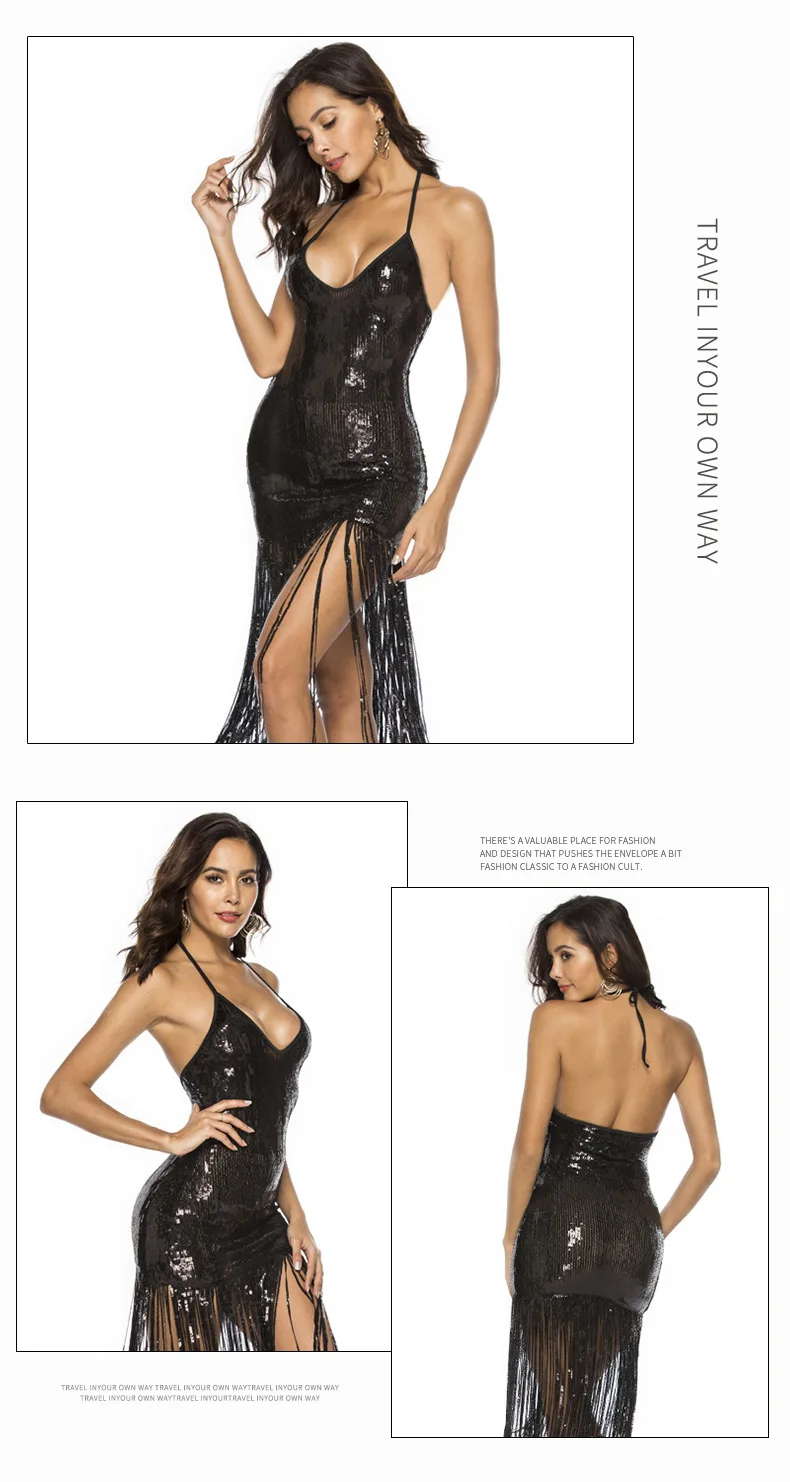 KAUNISSINA Sequin Tassel Cocktail Dresses Sexy Club Wear Party Dress Halter Strap Backless Party Gown Cocktail Dress