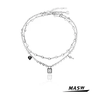 masw original design sweet heart chain necklace popular style two layer sillvery plating lock key pendant necklace women jewelry